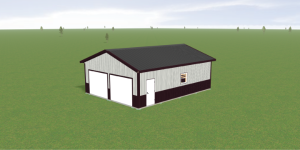 A digital rendering of a small barn-style building with a gray and black exterior. It features two large garage doors, a side entry door, and a small window. The building is situated on a vast open green field with a few distant trees.