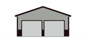 Illustration of a simple, symmetrical building with two large garage doors side by side. The structure has a dark roof and trim, with pale grey siding.