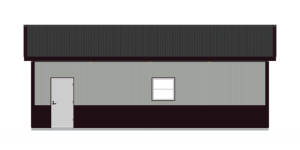 Illustration of a simple building with a dark roof, light gray siding, and a dark trim at the bottom. The front features a single door on the left and a window in the center. The building has a rectangular shape and a plain design.