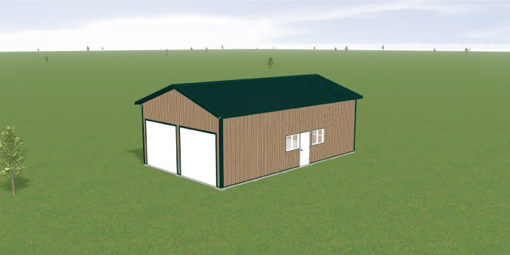 A 3D render of a brown wooden shed with a green roof on a grassy plain. It features two large white doors and a small window. Sparse trees are scattered in the background under a cloudy sky.