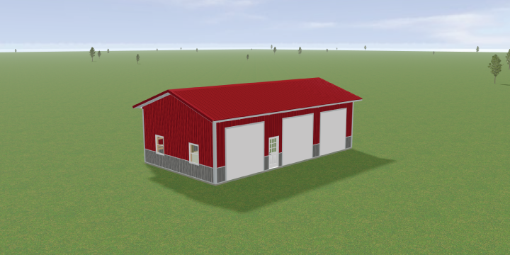 A digital rendering of a red barn with a sloped roof, featuring three large white garage doors and a small windowed door. It's set against a grassy field with a few scattered trees under a blue sky with light clouds.