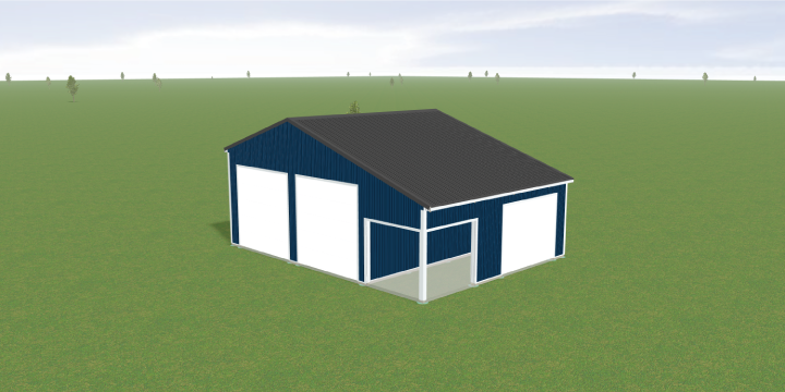 A digital rendering of a blue barn-like structure with a black roof. It has four large white doors and is set in a green, open grassy landscape under a cloudy sky.