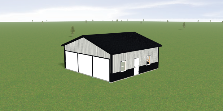 A 3D rendering of a small, rectangular building with a black roof and white walls, including two large white garage doors and a single entry door. It is set in an open, grassy landscape with a few scattered trees.