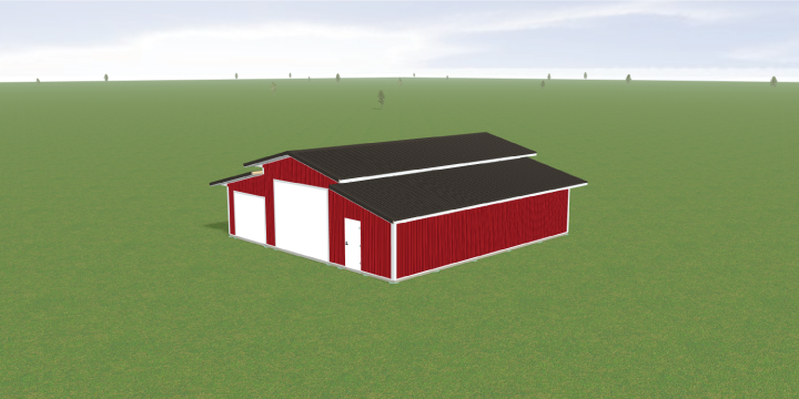 A digital rendering of a red barn with a black roof set on a green, grassy landscape. The barn features a large double door and a single side door, with a clear sky in the background. Sparse trees dot the distant horizon.