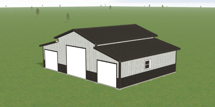 A 3D rendering of a rectangular barn with a dark roof and light walls, featuring three large white garage doors and a small window. The barn is situated in a grassy, open area with a few distant trees.