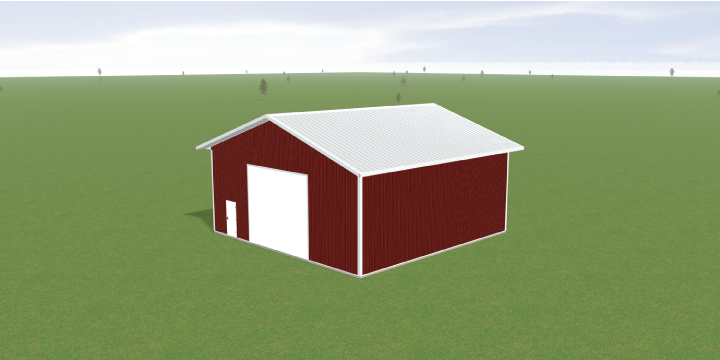 A 3D-rendered image of a large red barn with a white roof and a wide closed door, set on a vast green landscape under a partly cloudy sky. Sparse trees are visible in the distance.