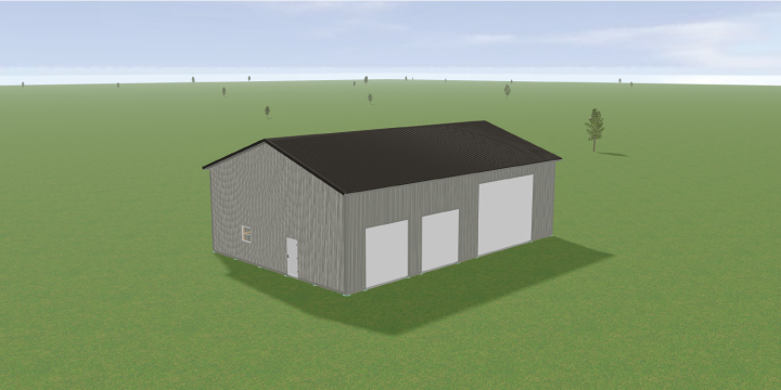 A 3D rendering of a gray, rectangular warehouse-style building with a black roof, situated on a green, grassy plain under a cloudy sky. There is a small door and two large garage-style doors on one side.