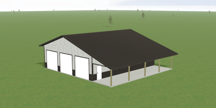 A 3D rendered image of a large, rectangular barn with a dark gabled roof, three large garage doors on one side, and an open covered area supported by several pillars on the adjacent side, all set on a flat grassy landscape.