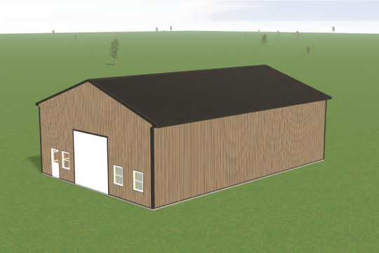 A large wooden barn with a dark roof stands in an open grassy field. The barn has a white main door and several small windows. The sky is clear with a few scattered clouds, and there are distant trees on the horizon.
