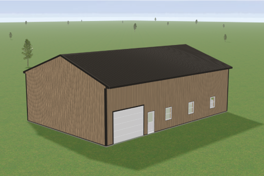 A 3D rendering of a large brown wooden barn with a black roof, featuring a white garage door, a small white door, and three windows. The barn is situated on a green grassy landscape with a few distant trees.