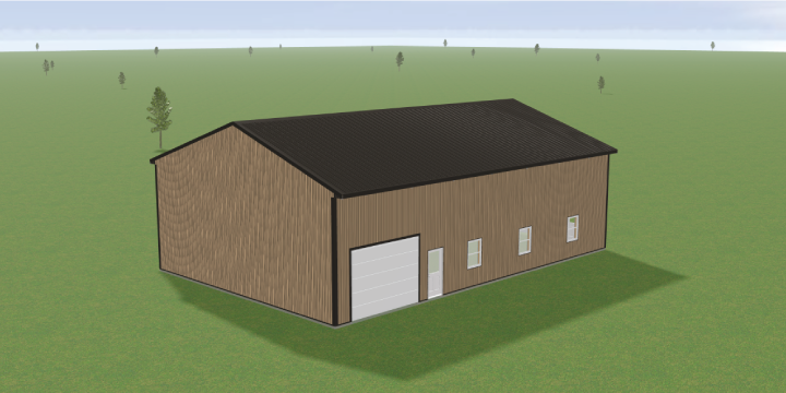 A 3D rendering of a large brown wooden barn with a black roof, featuring a white garage door, a small white door, and three windows. The barn is situated on a green grassy landscape with a few distant trees.