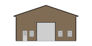 Illustration of a brown warehouse with a dark roof. The building features a large central garage door, flanked by two rectangular windows on each side, and a smaller door to the left.