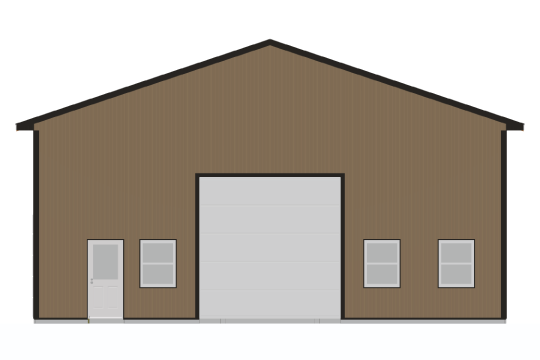 Illustration of a brown warehouse with a dark roof. The building features a large central garage door, flanked by two rectangular windows on each side, and a smaller door to the left.