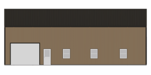 Illustration of a simple, rectangular building with a brown facade and a black sloped roof. The front features a white garage door, a white door, and three evenly spaced windows. The building has a minimalist design.