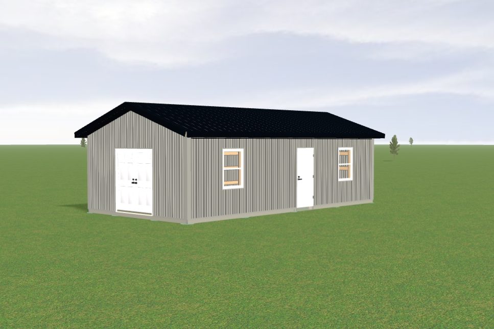 A rectangular, single-story structure with a black gable roof and gray siding sits in the middle of a grassy field. It has two white doors and two windows on one side. The sky is overcast with light clouds.