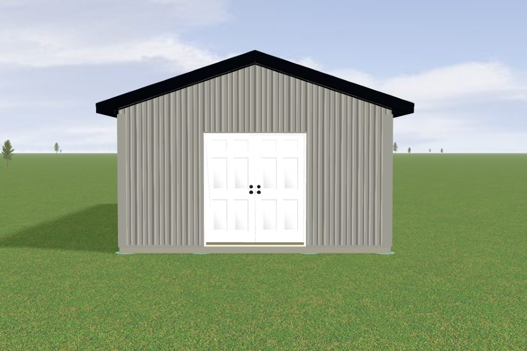 A small, gray corrugated metal shed with a black roof and white double doors stands in an open grassy field under a blue sky with scattered clouds.