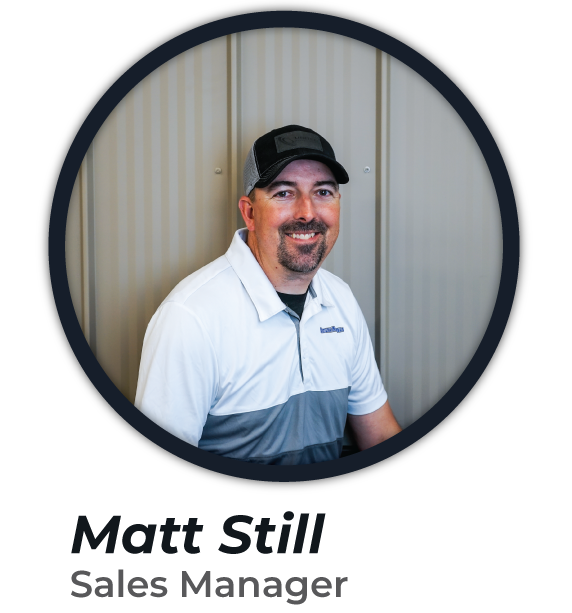 A person in a white and gray polo shirt and black cap is smiling, seated against a beige wall. The text below the image reads "Matt Still, Sales Manager.