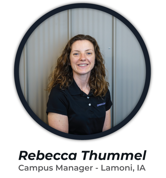 A woman with wavy brown hair smiles, wearing a black polo shirt. The text below her reads, "Rebecca Thummel, Campus Manager - Lamoni, IA." The background is a light-colored panel wall.