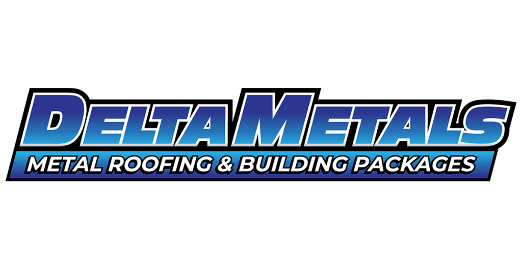 Logo for Delta Metals; bold blue gradient text reads "Delta Metals" with a smaller subtitle underneath: "Metal Roofing & Building Packages.